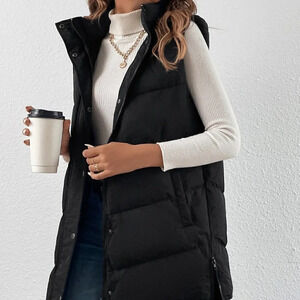 Black Casual Women's Zip Up Slant Pocket Sleeveless Hooded Padded Coat